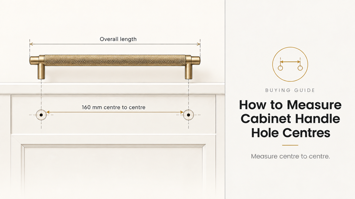 How to measure cabinet handle hole centres, showing overall handle length and a 160mm centre-to-centre fixing measurement