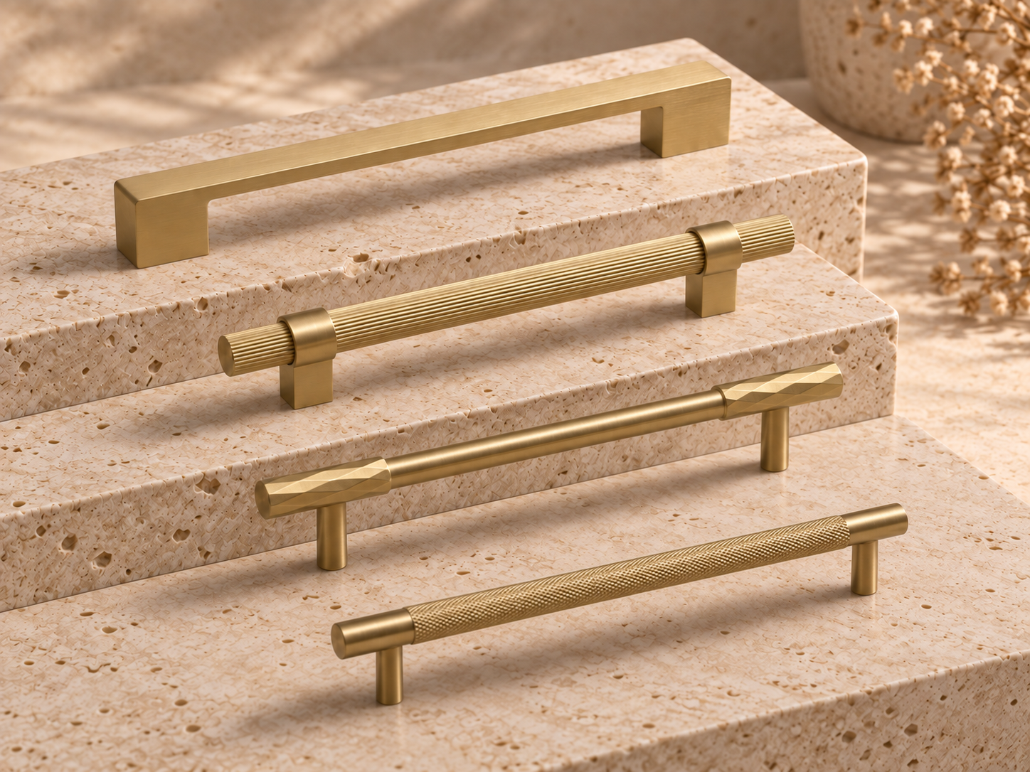 Solid brass cabinet handles on travertine