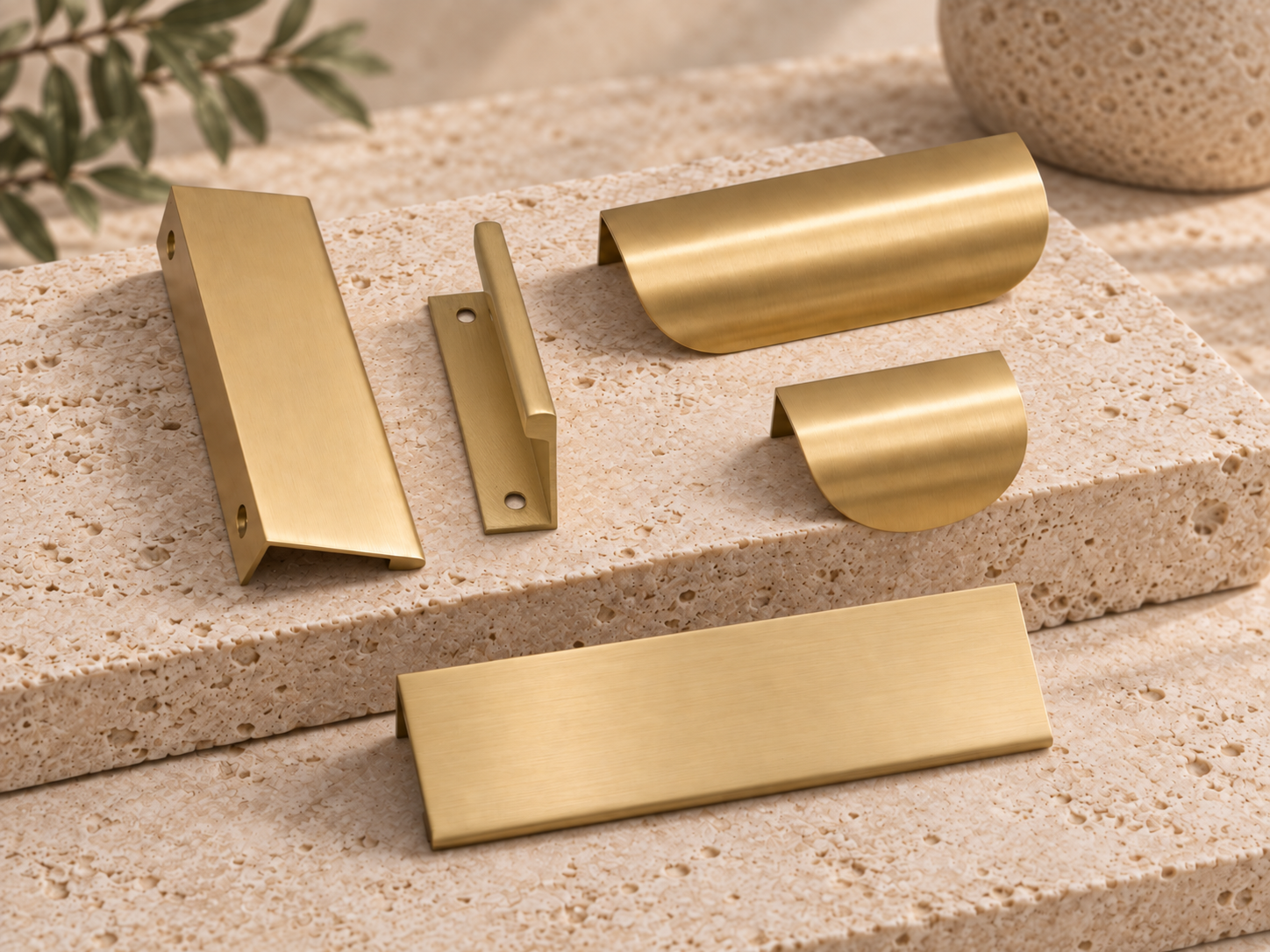 Solid brass lip pulls on travertine
