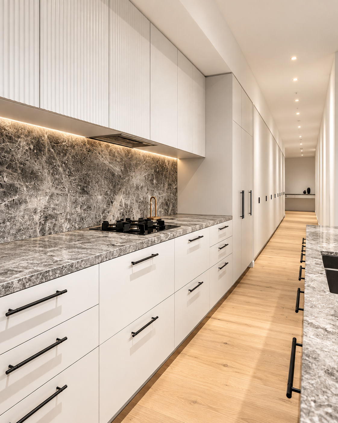Solid brass cabinet handles installed in a modern kitchen